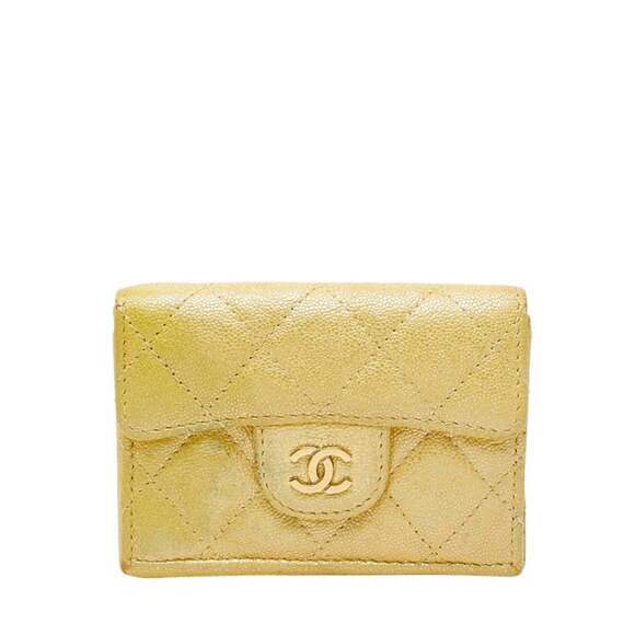 CHANEL Yellow Caviar Leather Logo Wallet
